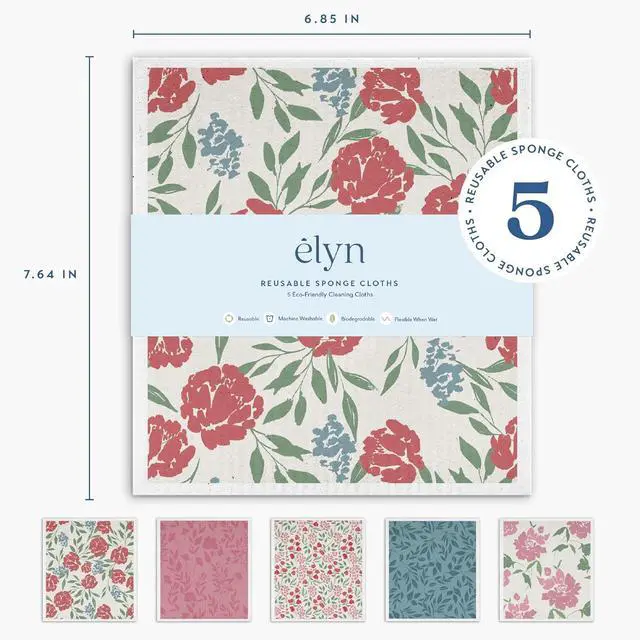 Alt view image 2 of 6 - ELYN Swedish Dishcloths, Reusable & Washable Sponge Cloths, Absorbent Cleaning Paper Towels for Kitchen, Dishes, Counters and More, 5 Pack, Assorted Soft Botanical Patterns