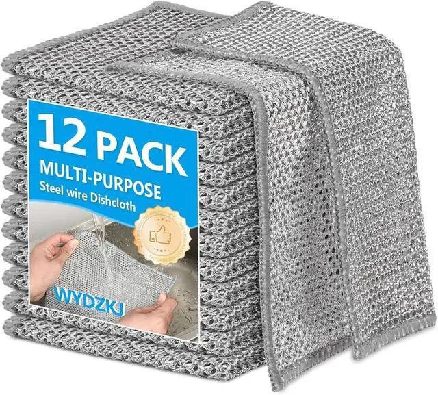 Main image of 12Pack Multipurpose Wire Dishwashing Rags, Upgrade Non Scratch Wire Dishcloth, Silver Mesh Dish Cloths, Reusable Metal Mesh Cleaning Cloths, Steel Scrub Rags for Kitchen/Stove/Oven/Bath