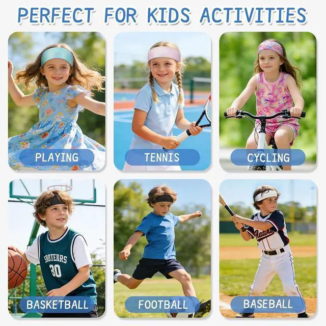 Alt view image 7 of 7 - Kids Sports Headbands for Girls Boys, Moisture Wicking Sweatbands | Lightweight, stretchy & non-slip cooling hairbands for kids, colorful design, for soccer, basketball, running, tennis, school