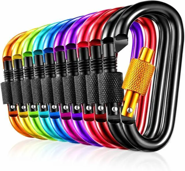 Main image of 10 Pack 2.3Inch Aluminum D Ring Key Rings Hiking Clips Locking Carabiner for Hiking Camping Fishing and Outdoor UseClips with Screw Gate Multicolored