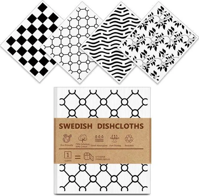 Main image of Swedish Dishclothsfor Kitchen, 4 Pack, Reusable, Super Absorbent | Washable & No Odor Dish Rags, Non-Scratch Cellulose Sponge Cloths for Washing Dishes, Dishwasher Safe, Biodegradable