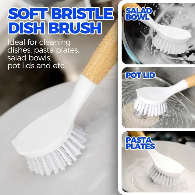 Alt view image 2 of 6 - Holikme 3 Pack Dish Brush with Bamboo Handle Cleaning Brush,White Black | Dish Brushes Vegetable Scrubber Round Natural Scrub Brush Cleaning Kit for Cleaning Saucepans, Pots, Pans and Vegetables
