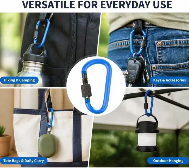 Alt view image 3 of 7 - 10 Pack 2.3Inch Aluminum D Ring Key Rings Hiking Clips Locking Carabiner for Hiking Camping Fishing and Outdoor UseClips with Screw Gate Multicolored