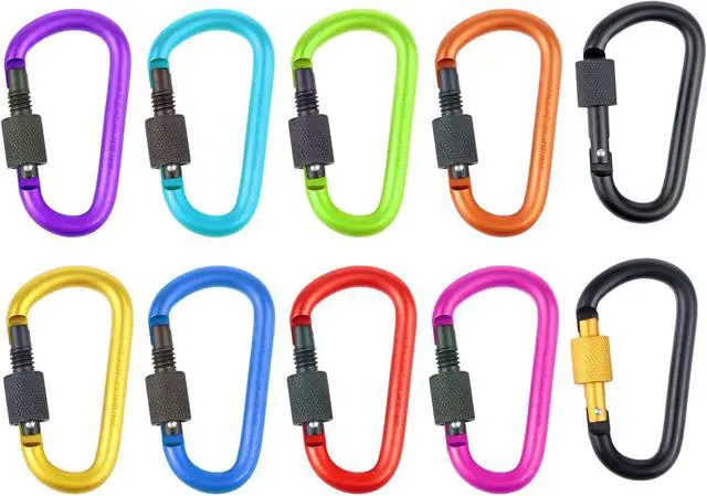 Alt view image 5 of 7 - 10 Pack 2.3Inch Aluminum D Ring Key Rings Hiking Clips Locking Carabiner for Hiking Camping Fishing and Outdoor UseClips with Screw Gate Multicolored