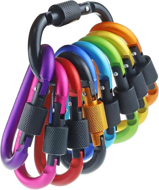 Alt view image 4 of 7 - 10 Pack 2.3Inch Aluminum D Ring Key Rings Hiking Clips Locking Carabiner for Hiking Camping Fishing and Outdoor UseClips with Screw Gate Multicolored