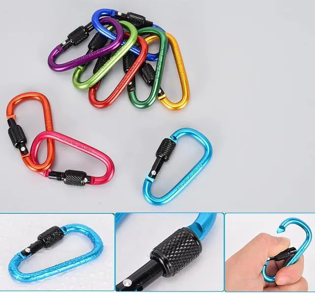 Alt view image 6 of 7 - 10 Pack 2.3Inch Aluminum D Ring Key Rings Hiking Clips Locking Carabiner for Hiking Camping Fishing and Outdoor UseClips with Screw Gate Multicolored