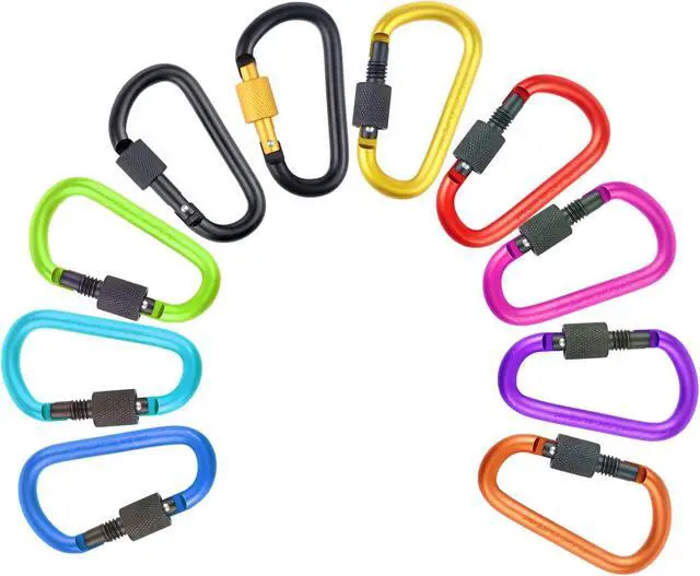 Alt view image 7 of 7 - 10 Pack 2.3Inch Aluminum D Ring Key Rings Hiking Clips Locking Carabiner for Hiking Camping Fishing and Outdoor UseClips with Screw Gate Multicolored