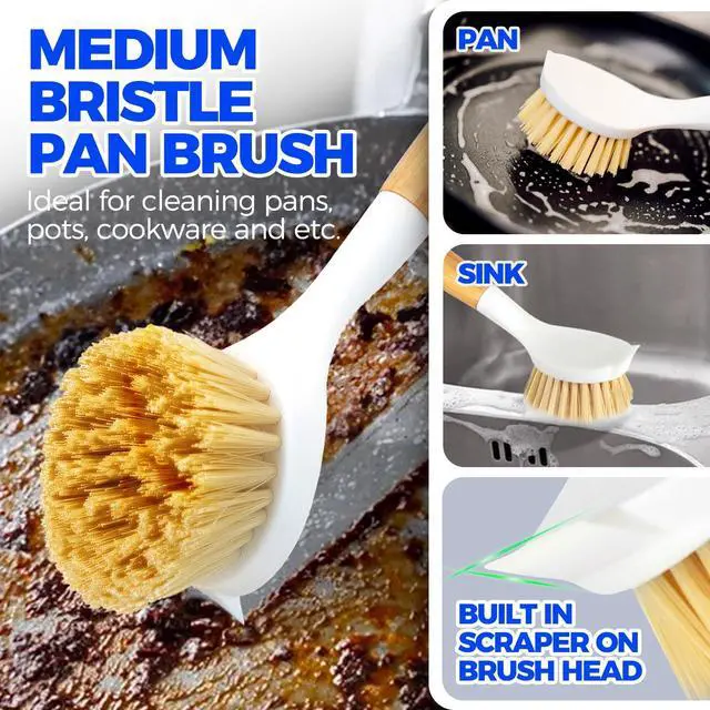 Alt view image 4 of 6 - Holikme 3 Pack Dish Brush with Bamboo Handle Cleaning Brush,White Black | Dish Brushes Vegetable Scrubber Round Natural Scrub Brush Cleaning Kit for Cleaning Saucepans, Pots, Pans and Vegetables