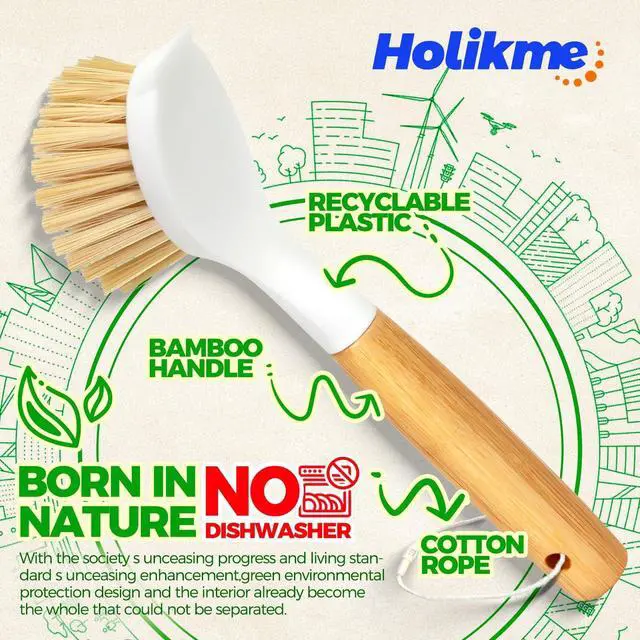 Alt view image 5 of 6 - Holikme 3 Pack Dish Brush with Bamboo Handle Cleaning Brush,White Black | Dish Brushes Vegetable Scrubber Round Natural Scrub Brush Cleaning Kit for Cleaning Saucepans, Pots, Pans and Vegetables