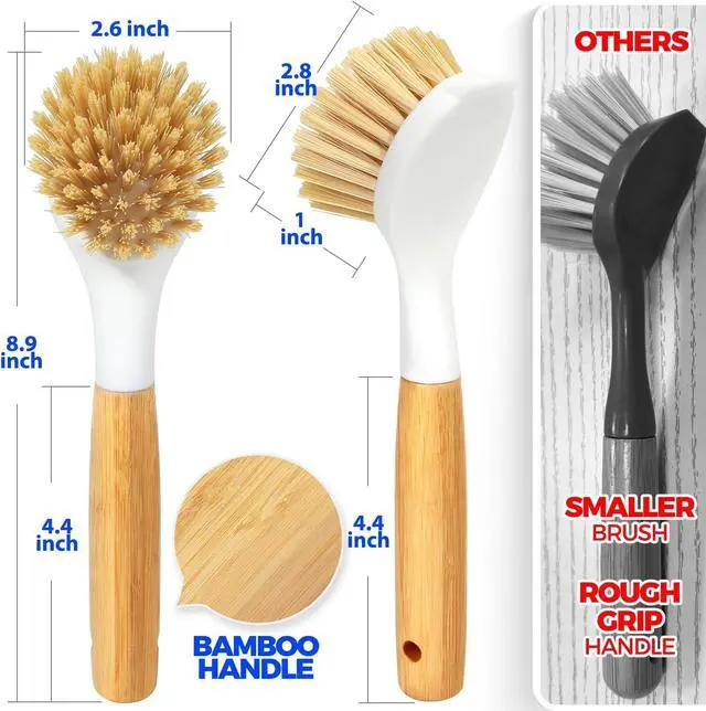 Alt view image 6 of 6 - Holikme 3 Pack Dish Brush with Bamboo Handle Cleaning Brush,White Black | Dish Brushes Vegetable Scrubber Round Natural Scrub Brush Cleaning Kit for Cleaning Saucepans, Pots, Pans and Vegetables