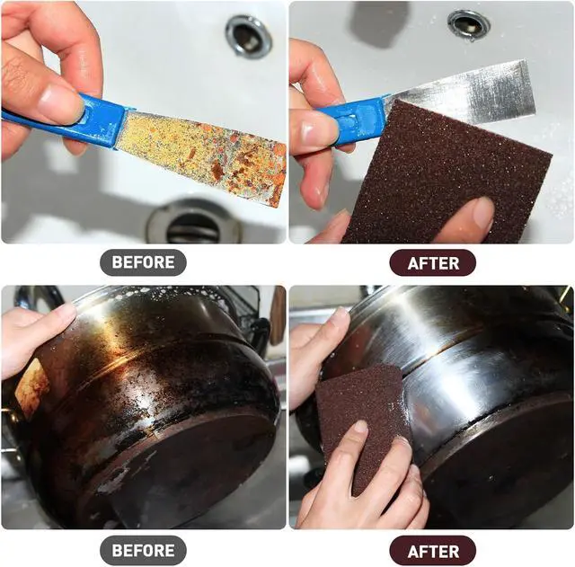Alt view image 4 of 7 - 6 Pack Magic Carborundum Sponge with 1 Handle Rust Scrubber for Cookware | High Density Emery Pads Remove Burnt Grease Grime on Pots Pans Sinks Grills Stovetops Kitchen Bathroom Surfaces, Metal Tools