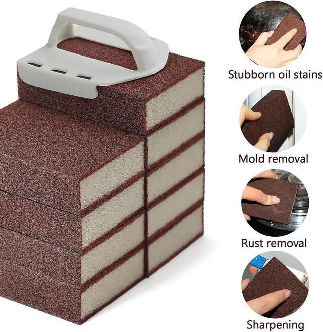 Alt view image 6 of 7 - 6 Pack Magic Carborundum Sponge with 1 Handle Rust Scrubber for Cookware | High Density Emery Pads Remove Burnt Grease Grime on Pots Pans Sinks Grills Stovetops Kitchen Bathroom Surfaces, Metal Tools