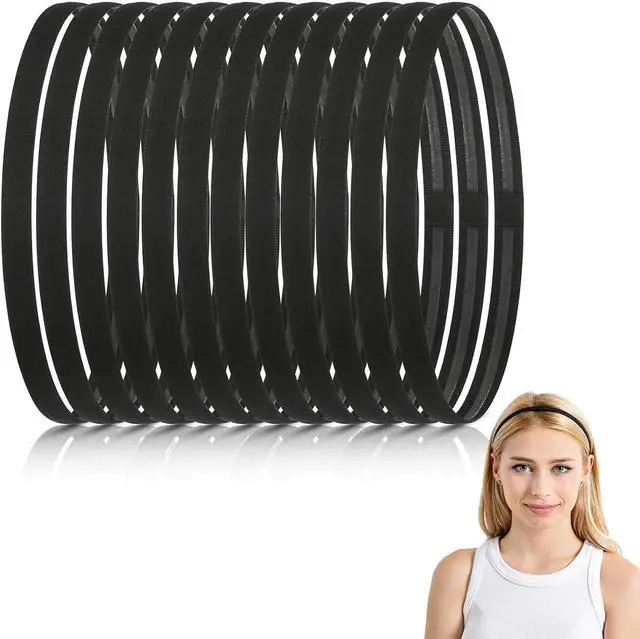 Main image of WILLBOND 12 Pcs Thin Sport Elastic Headband Non Slip Skinny Athletic Exercise Hairband Women Men Silicone Grip Hair Sweatband Yoga Workout Running Football Basketball Soccer Tennis(Black)
