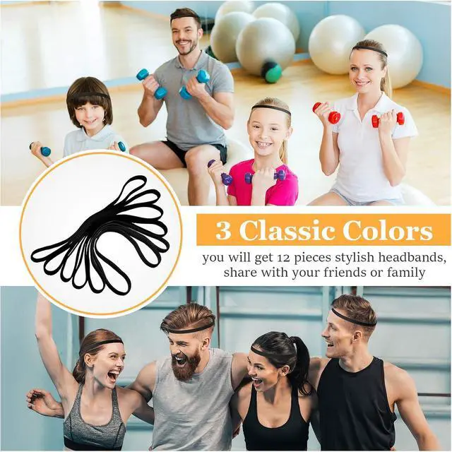 Alt view image 5 of 7 - WILLBOND 12 Pcs Thin Sport Elastic Headband Non Slip Skinny Athletic Exercise Hairband Women Men Silicone Grip Hair Sweatband Yoga Workout Running Football Basketball Soccer Tennis(Black)
