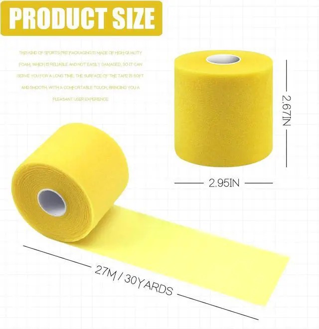 Alt view image 2 of 7 - 2.75Inch 30Yard Yellow Athletic PreWrap Tape | Stretchy foam underwrap for hair headbands and ankleknee protection while playing soccer.