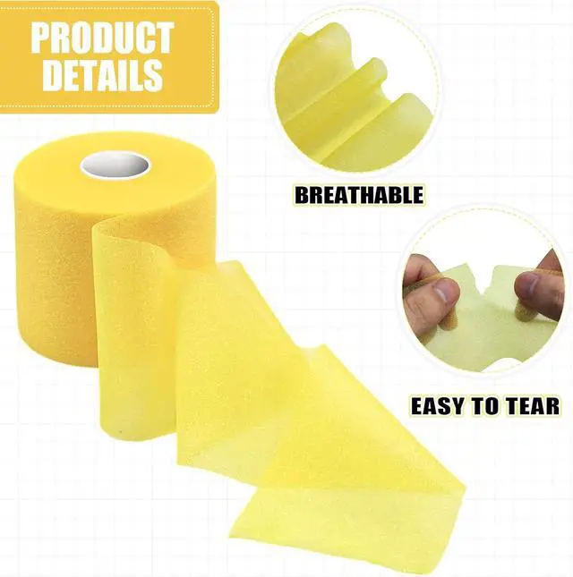 Alt view image 3 of 7 - 2.75Inch 30Yard Yellow Athletic PreWrap Tape | Stretchy foam underwrap for hair headbands and ankleknee protection while playing soccer.