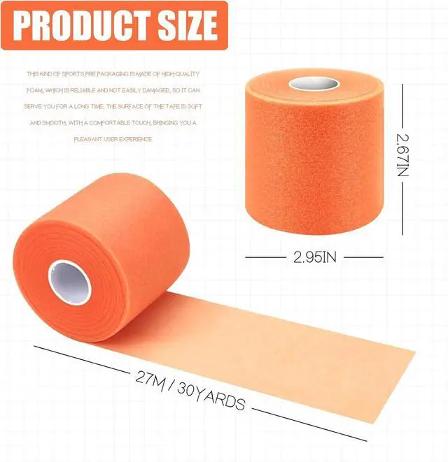 Alt view image 2 of 7 - 2.75 Inch 30Yard Orange Athletic PreWrap Tape | Foam underwrap for hair styling and safeguarding ankles, wrists, knees during soccer.