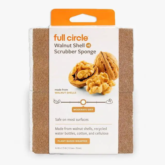 Main image of Full Circle Walnut and Cellulose Scrubber Sponges, Pack of 6 | Powerful yet non-scratch, made with sustainable plant-based materialssafe for nonstick cookware.