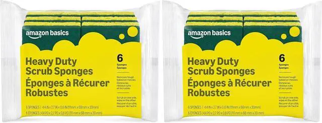 Main image of Amazon Basics Heavy Duty Dual-Sided Scrub Sponges, Reusable, 4.4 x 2.7 x 0.8 in, Yellow/Green, (Pack of 12)