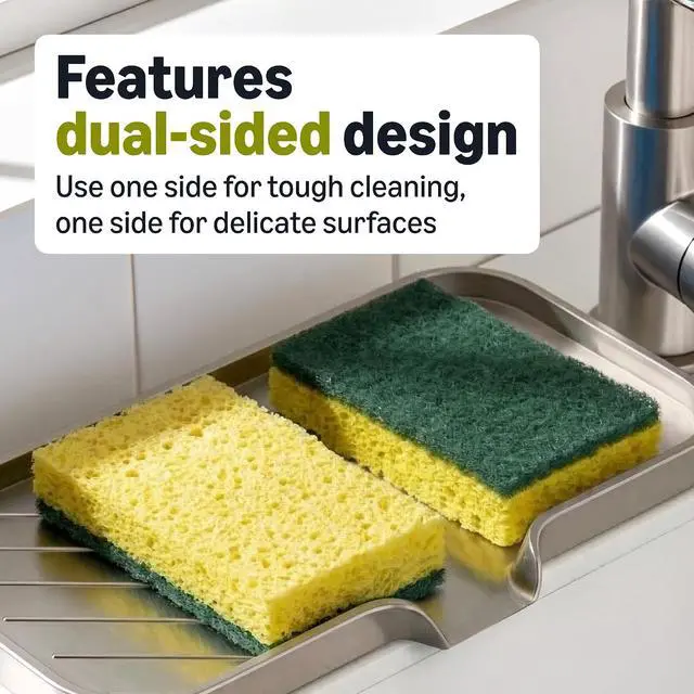 Alt view image 4 of 5 - Amazon Basics Heavy Duty Dual-Sided Scrub Sponges, Reusable, 4.4 x 2.7 x 0.8 in, Yellow/Green, (Pack of 12)