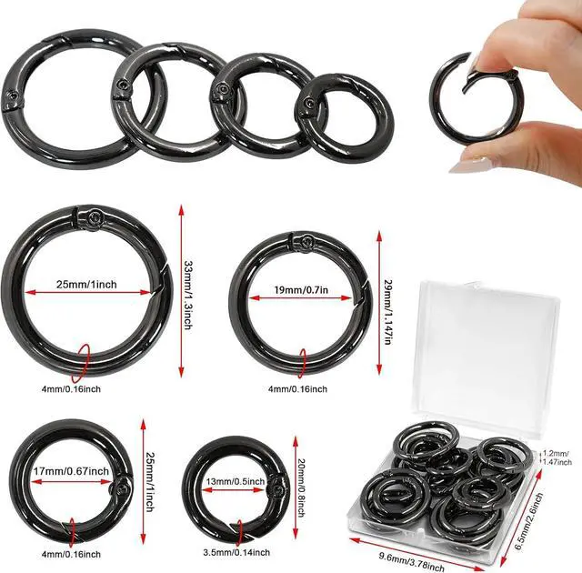 Alt view image 4 of 7 - 24 PCS Trigger Spring O Rings, Round Carabiner Clip, 4 Sizes (Black Gun) | Metal Round Snap Buckle, Circle Spring Key Ring for Purse Keychain Handbag Hardware Jewelry Clips Making
