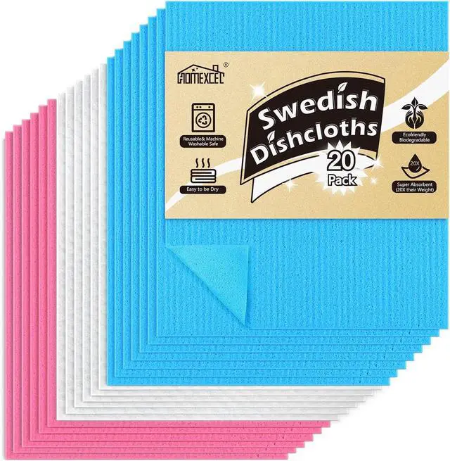 Main image of HOMEXCEL Swedish Dishcloths for Kitchen, 20 Pack Reusable Sponge Dish Cloth for Kitchen and Cleaning Counters, Super Absorbent Paper Towels (Blue/White/Pink)