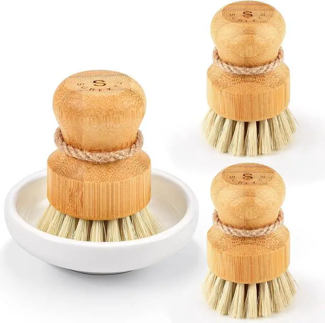 Main image of SUBEKYU Bamboo Dish Scrub Brush,Produce Brush,3 Pack with Ceramic Holder | Vegetable Brush,Natural Sisal Bristles,Kitchen Wooden Cleaning Scrubbers Set