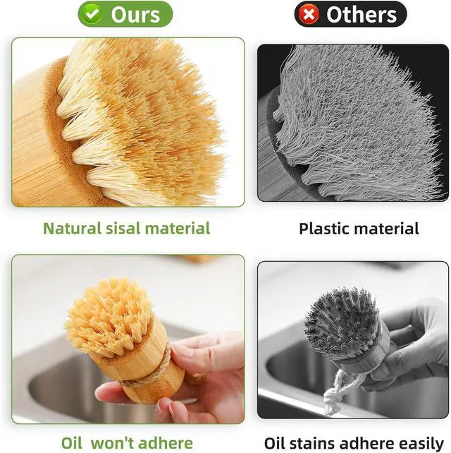 Alt view image 3 of 6 - SUBEKYU Bamboo Dish Scrub Brush,Produce Brush,3 Pack with Ceramic Holder | Vegetable Brush,Natural Sisal Bristles,Kitchen Wooden Cleaning Scrubbers Set