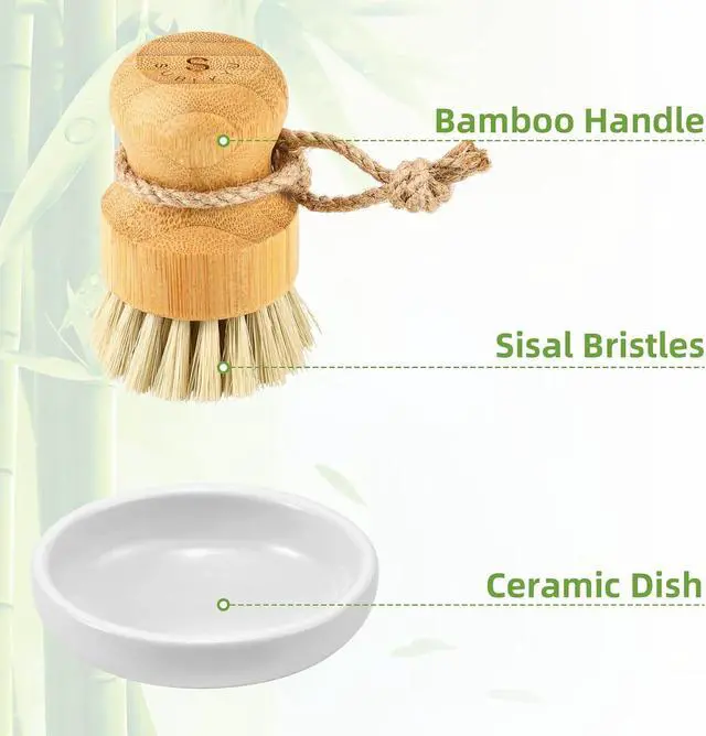 Alt view image 4 of 6 - SUBEKYU Bamboo Dish Scrub Brush,Produce Brush,3 Pack with Ceramic Holder | Vegetable Brush,Natural Sisal Bristles,Kitchen Wooden Cleaning Scrubbers Set