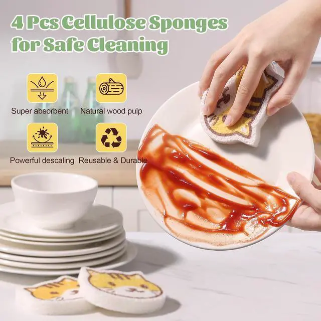 Alt view image 2 of 7 - JOYMOOP Cartoon Kitchen Sponge, Cellulose Sponges for Cleaning, 4 Pack Non-Scratch Sponges for Dishes, Reusable Sponge for Household Cleaning - Kitten Pattern