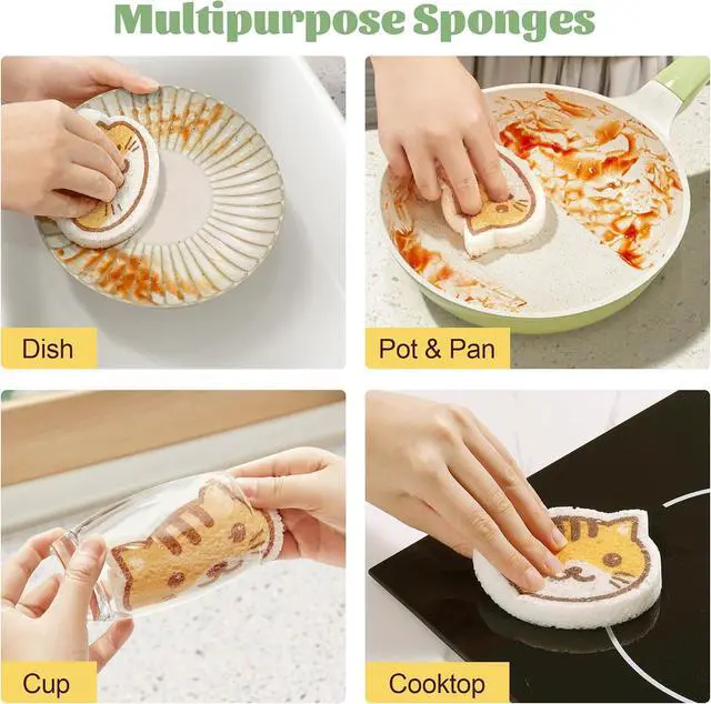 Alt view image 4 of 7 - JOYMOOP Cartoon Kitchen Sponge, Cellulose Sponges for Cleaning, 4 Pack Non-Scratch Sponges for Dishes, Reusable Sponge for Household Cleaning - Kitten Pattern
