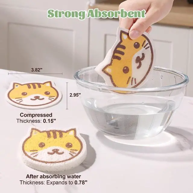 Alt view image 3 of 7 - JOYMOOP Cartoon Kitchen Sponge, Cellulose Sponges for Cleaning, 4 Pack Non-Scratch Sponges for Dishes, Reusable Sponge for Household Cleaning - Kitten Pattern