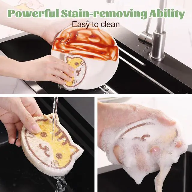 Alt view image 6 of 7 - JOYMOOP Cartoon Kitchen Sponge, Cellulose Sponges for Cleaning, 4 Pack Non-Scratch Sponges for Dishes, Reusable Sponge for Household Cleaning - Kitten Pattern
