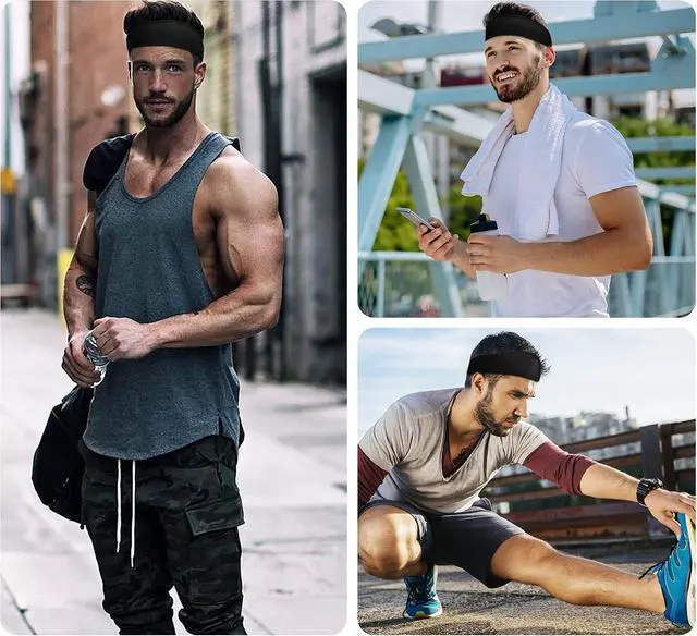 Alt view image 6 of 7 - 5 Pack Sports Headband for Men, Breathable Mesh Design, Reused & Washed Mens Headband Sweat Bands for Running Yoga Fitness Workout