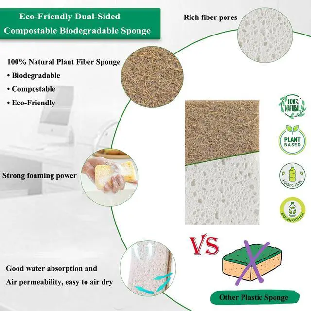 Alt view image 5 of 6 - Natural Kitchen Sponge Compostable Kitchen Sponges Cellulose and Coconut Scrubber Abrasive Scrubbing Pads SmilePowo Environmentally Friendly Sponge for Dishes (12 Pack)