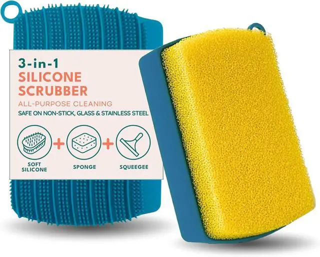 Main image of 3-in-1 Silicone Scrubber Sponge with Squeegee Non-Scratch Kitchen Sponge for Dishes, Sink & Bathroom, Quick-Dry, Reusable Cleaning Tool (Teal +Yellow)