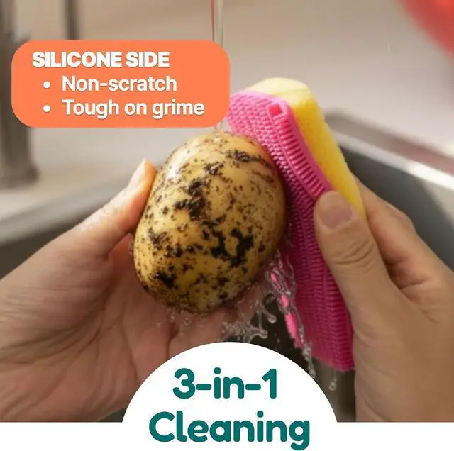 Alt view image 4 of 7 - 3-in-1 Silicone Scrubber Sponge with Squeegee Non-Scratch Kitchen Sponge for Dishes, Sink & Bathroom, Quick-Dry, Reusable Cleaning Tool (Teal +Yellow)
