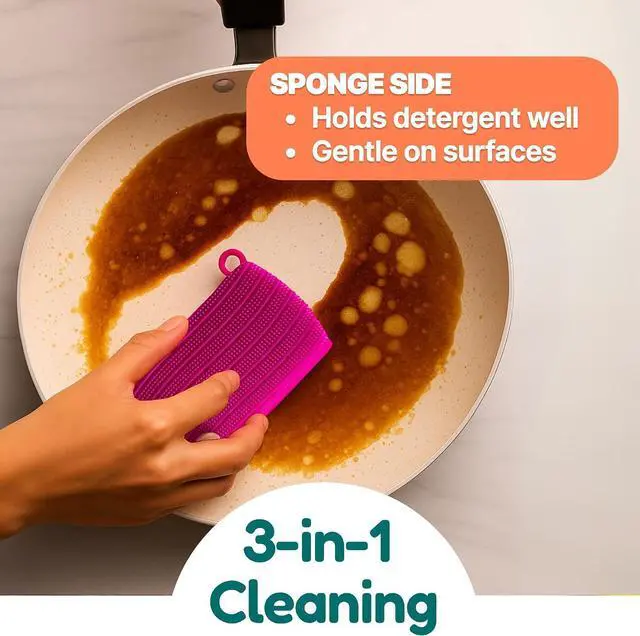 Alt view image 5 of 7 - 3-in-1 Silicone Scrubber Sponge with Squeegee Non-Scratch Kitchen Sponge for Dishes, Sink & Bathroom, Quick-Dry, Reusable Cleaning Tool (Teal +Yellow)