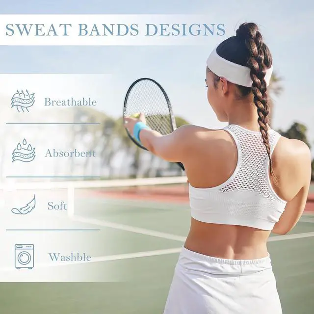 Alt view image 5 of 7 - 4 Pack Cotton Terry Sweat Headbands for Men Women Running Gym | 4 pack soft cotton terry headbands, Stretch 7 to 15 inches, Sweat-wicking, stays put for running, tennis, basketball & yoga
