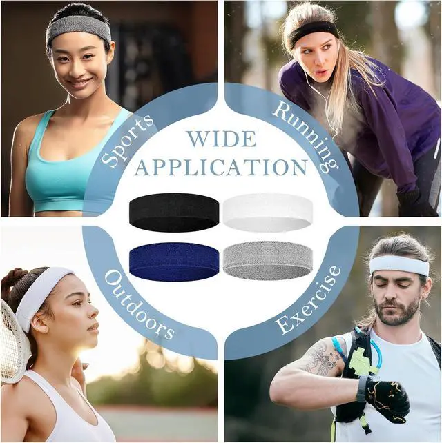 Alt view image 7 of 7 - 4 Pack Cotton Terry Sweat Headbands for Men Women Running Gym | 4 pack soft cotton terry headbands, Stretch 7 to 15 inches, Sweat-wicking, stays put for running, tennis, basketball & yoga