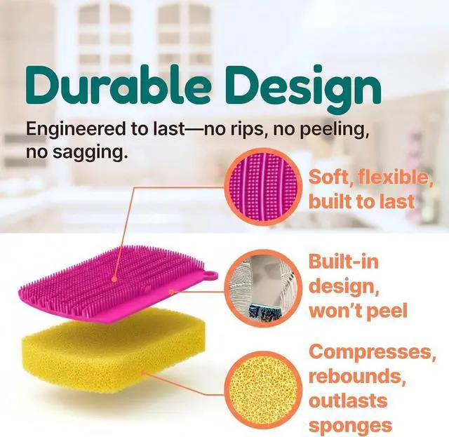 Alt view image 7 of 7 - 3-in-1 Silicone Scrubber Sponge with Squeegee Non-Scratch Kitchen Sponge for Dishes, Sink & Bathroom, Quick-Dry, Reusable Cleaning Tool (Teal +Yellow)