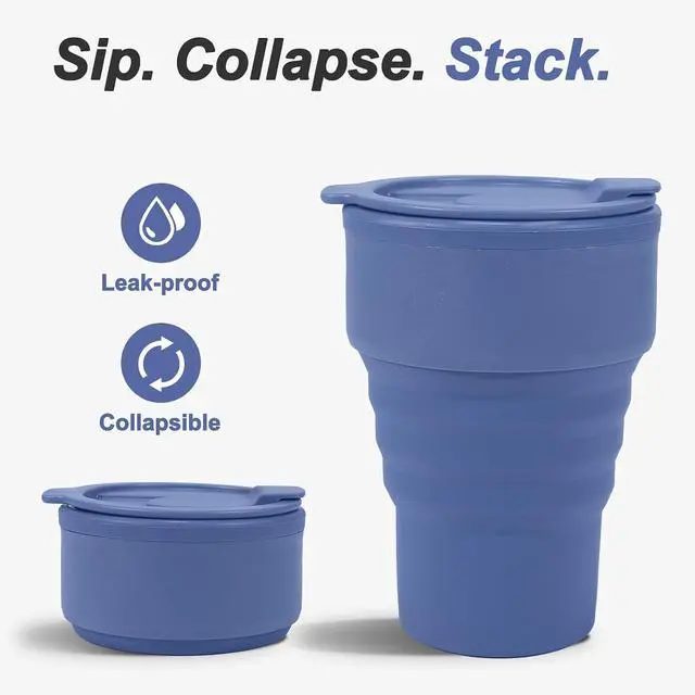 Alt view image 2 of 7 - Collapsible Silicone Camping Cups 13oz - Leakproof Travel Mug with Lid, Portable Foldable Bottle for Camping Hiking Office (BPA Free, Dishwasher Safe) - Blue
