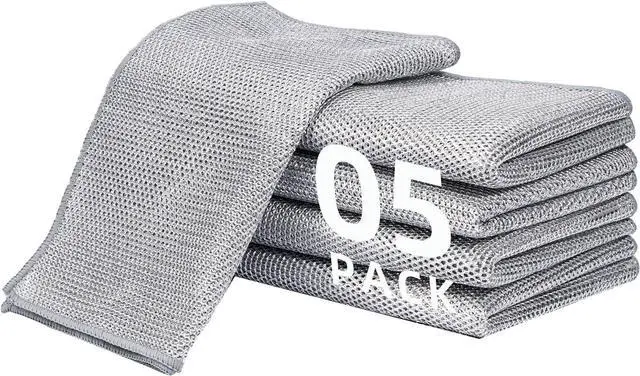 Main image of 5 Pack Extra Large Non Scratch Wire Dishcloths, 30x30cm Double-Layer Silver Thread Kitchen Cleaning Rags, Dual-Sided Wet & Dry Reusable Steel Wire Dish Cloths for Cookware, Sinks, Stovetops