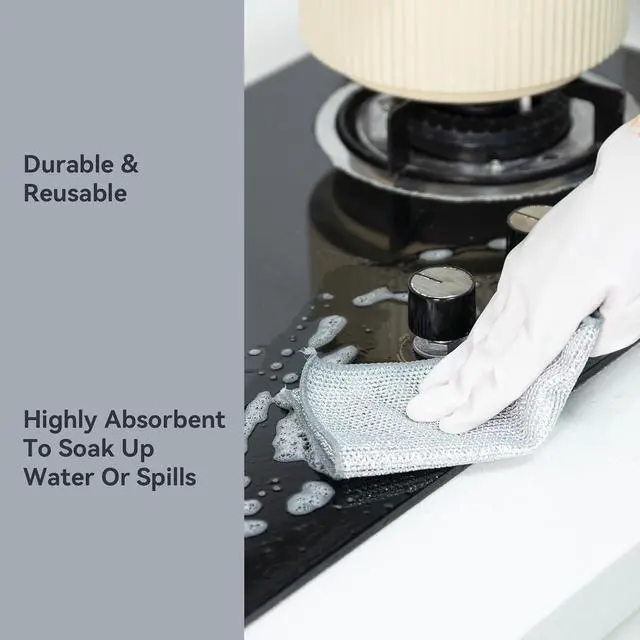 Alt view image 4 of 7 - 5 Pack Extra Large Non Scratch Wire Dishcloths, 30x30cm Double-Layer Silver Thread Kitchen Cleaning Rags, Dual-Sided Wet & Dry Reusable Steel Wire Dish Cloths for Cookware, Sinks, Stovetops