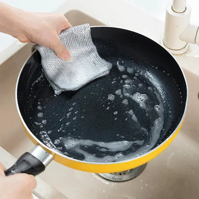 Alt view image 7 of 7 - 5 Pack Extra Large Non Scratch Wire Dishcloths, 30x30cm Double-Layer Silver Thread Kitchen Cleaning Rags, Dual-Sided Wet & Dry Reusable Steel Wire Dish Cloths for Cookware, Sinks, Stovetops