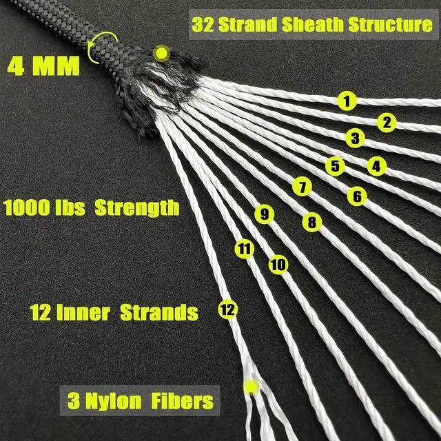 Alt view image 2 of 7 - VVAAGG 1000 Black Paracord Rope 100FT Utility Nylon Heavy Duty 12 Strand Parachute Cord for Camping, Tent, Clothsline, Outdoor Hiking, Fishing, Survival Braceletand, Weatherproof Rope (100FT)