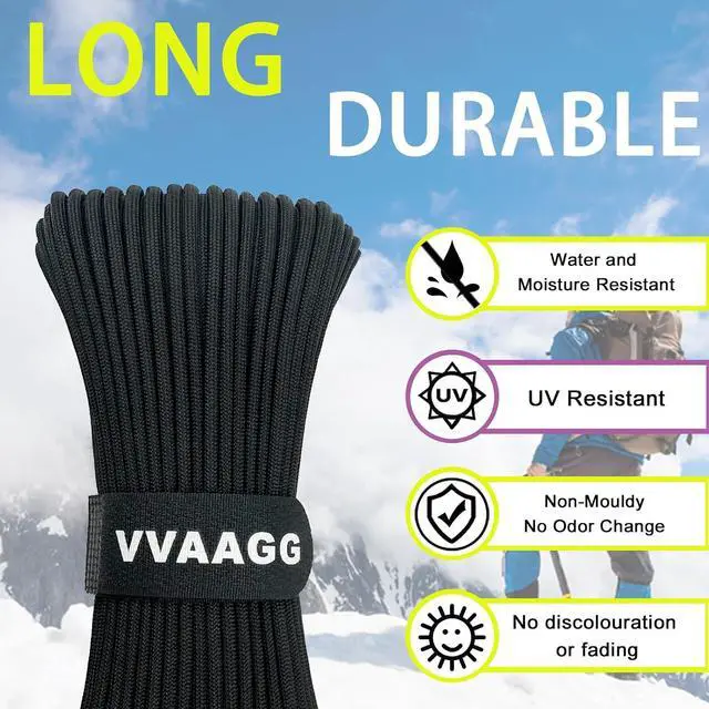 Alt view image 4 of 7 - VVAAGG 1000 Black Paracord Rope 100FT Utility Nylon Heavy Duty 12 Strand Parachute Cord for Camping, Tent, Clothsline, Outdoor Hiking, Fishing, Survival Braceletand, Weatherproof Rope (100FT)