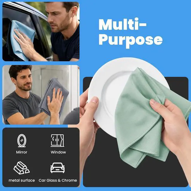 Alt view image 4 of 7 - Puomue 12 Pack Microfiber Glass Cleaning Cloth, 10.8 Inch x 13.8 Inch, Lint Free Quickly Clean Windows, Mirrors, Glasses, Phone Screens, Camera Lenses (Grey+Blue+Green)