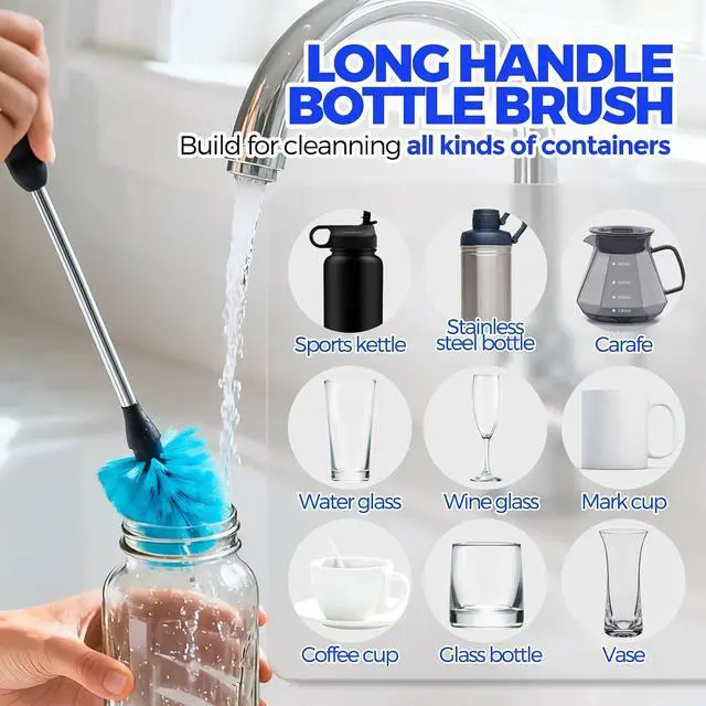 Alt view image 2 of 7 - Holikme 6 Pack Bottle Brush 14.5" Long Handle Stainless Steel Brush,Blue | Bottle Cleaner Brush, Long-Handled 6-in-1 Stainless Steel Bottle Brushes for Water Bottle, Cups Straw Cleaner Brush