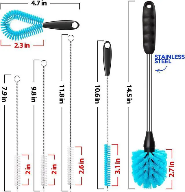 Alt view image 6 of 7 - Holikme 6 Pack Bottle Brush 14.5" Long Handle Stainless Steel Brush,Blue | Bottle Cleaner Brush, Long-Handled 6-in-1 Stainless Steel Bottle Brushes for Water Bottle, Cups Straw Cleaner Brush